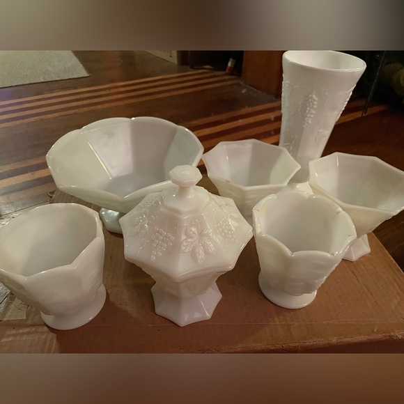 Vintage E.O. Brody Milk Glass Set bowl vase candy dish lid 8 piece set